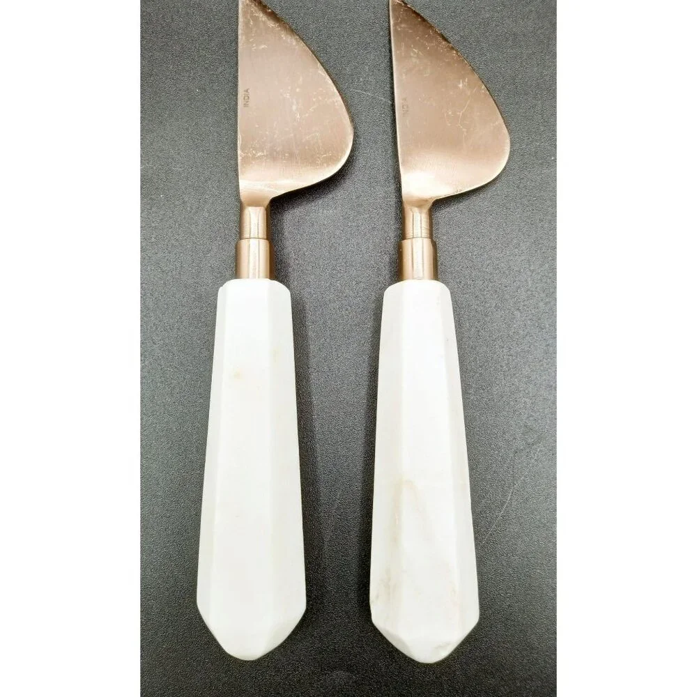 Cheese Knives Marble Handled Brass Toned Charcuterie India Vintage Set of 5